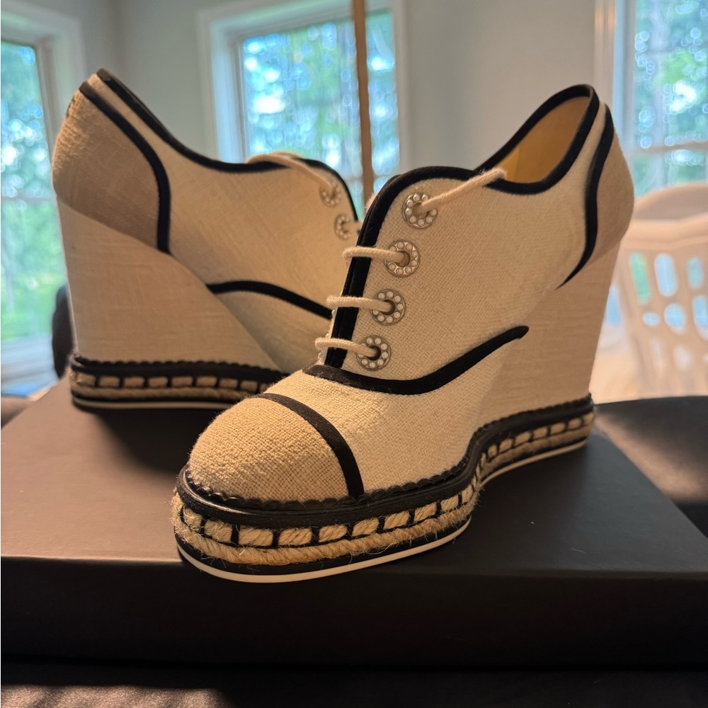 Authentic Chanel Wedges. Canvas, leather, pearl and silver detailing. 37